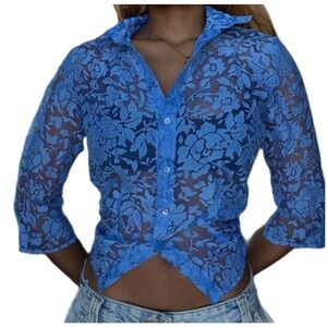 Blue Sheer Floral Button-Up Top - Womens